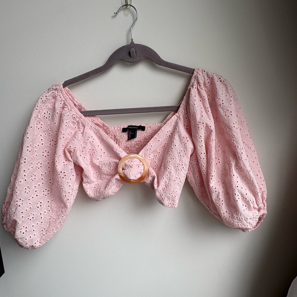 Forever 21 Pink Eyelet Puff Sleeve Blouse